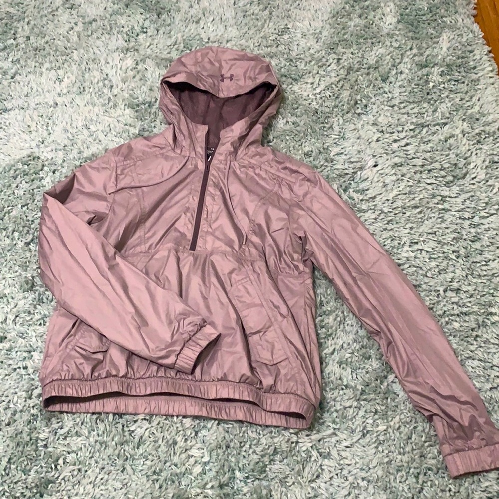 Gray under armor windbreaker with hood and pockets